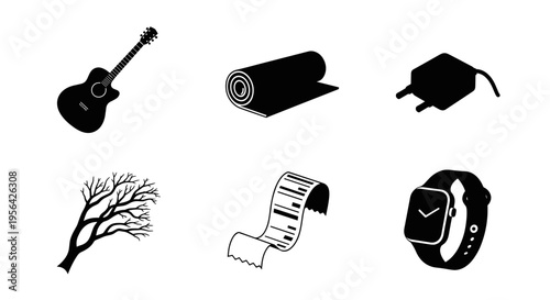Black icons of guitar rolled up mat plug tree ticket and smartwatch on white background for design