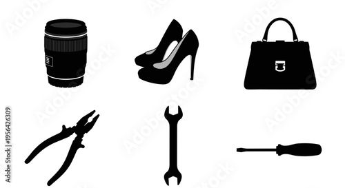 Black silhouettes of tools and accessories on white background including high heel shoes