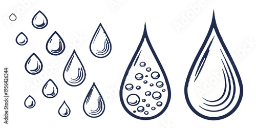Flat line illustration set of water droplets with bubbles representing liquid purity and hydration vector image