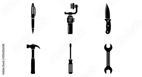 Black silhouette icons of various hand tools on white background for design