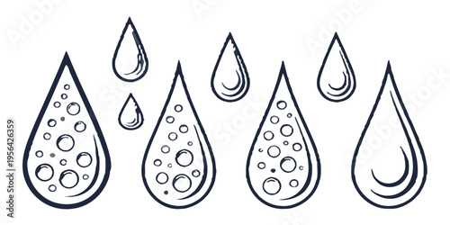 Flat line illustration set of water droplets with bubbles representing liquid purity and hydration vector image
