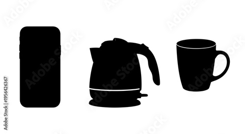 Black silhouettes of smartphone electric kettle and coffee mug on white background