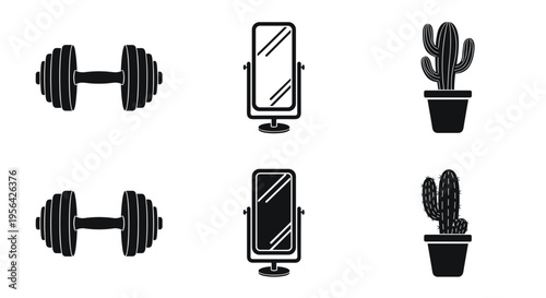 Fitness icons with dumbbells smartphones and cacti on white background for healthy lifestyle