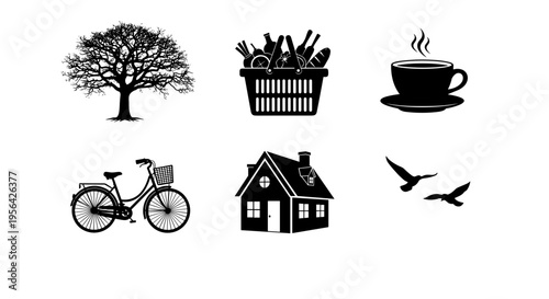 Black icons of tree basket coffee bicycle house and birds on white background