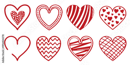 A set of eight decorative red heart icons with unique hand-drawn patterns. Includes floral, geometric, and ornamental designs perfect for Valentine's Day, wedding invites, and romantic graphics