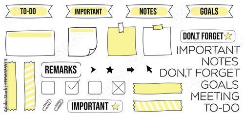 Colorful digital illustration of yellow and white sticky notes with to do lists and reminders in a playful comic style conveying organization and office workplace productivity planning