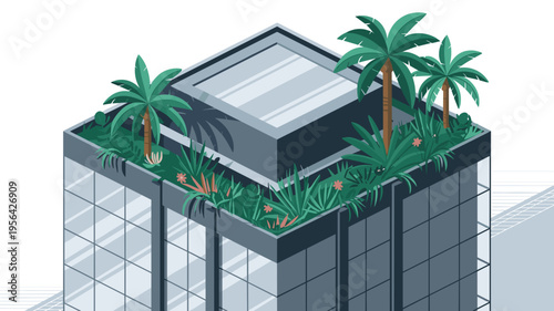 Urban architecture vector with cascading rooftop greenery – Great for biophilic design blogs, vertical farming discussions, or modern lifestyle magazines.