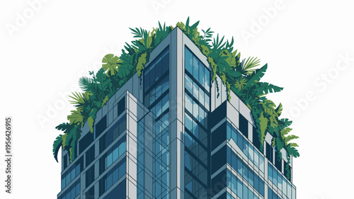 Modern skyscraper with lush rooftop jungle forest – Ideal for sustainable architecture articles, green city initiatives, or eco-friendly urban planning.