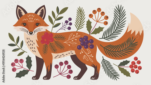 Whimsical folk art fox with holly and elderberries – Suitable for eco-friendly product packaging, nursery wall art, or festive nature-inspired content.
