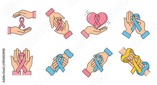Hands Holding Awareness Ribbons and Symbols.