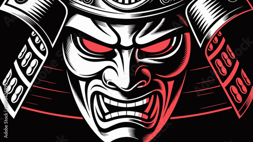 Menacing Japanese hannya mask with crimson light – Ideal for gaming gear stickers, urban streetwear designs, or dark fantasy art.