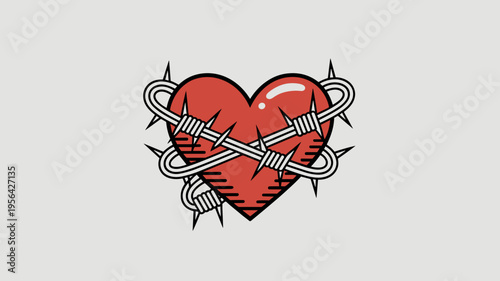 Red heart and black barbed wire tattoo vector – Perfect for symbolic love-pain art, social media posts, or rebel style branding.