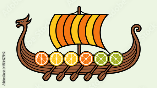 Creative longship vector with vibrant fruit shields – Suitable for beverage packaging, summer festival graphics, or unique mascots.