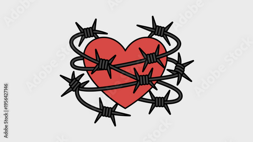 Bold heart tattoo wrapped in thorny wire – Suitable for symbolic romance content, heavy metal themes, or vector art collections.