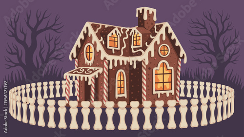 Spooky gingerbread house with candy bone fence – Perfect for Halloween party invitations, seasonal baking blogs, or gothic decor.