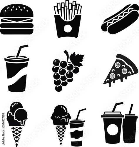 Food icons including burger fries hot dog soda grapes pizza ice cream