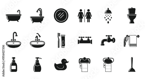 Black and white bathroom icon collection featuring bathtub, shower, toilet, sink, mirror, toothbrush, toothpaste, towel, soap, plunger, hygiene design
