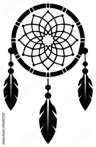 Black and white dreamcatcher vector icon with feathers and beads. Ethnic spiritual amulet symbol.