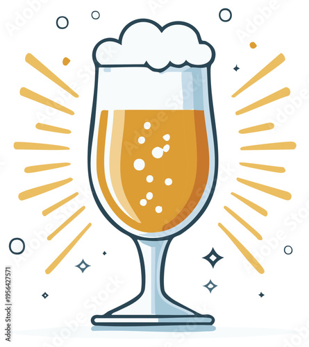 Illustration of a Tall Glass Filled With Golden Beer and Bubbles Surrounded by Radiant Rays