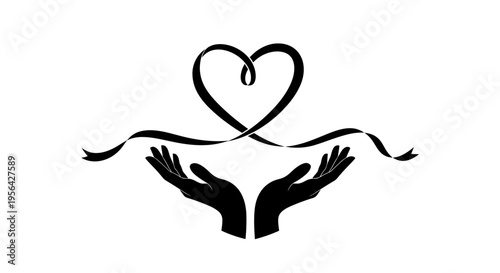 Hands Holding Heart Symbol with Ribbon.