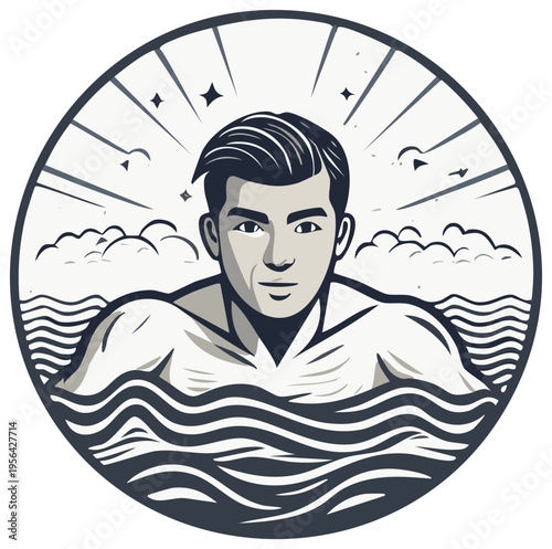 Classic heroic man portrait in the sea retro travel emblem illustration