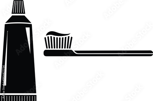 Black and white silhouette illustration of toothpaste tube and toothbrush with paste on bristles, oral hygiene dental care concept daily routine design