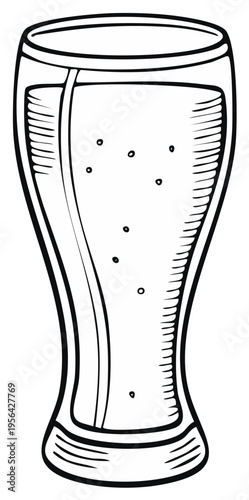 Hand drawn illustration of a tall glass filled with a fizzy beverage and bubbles