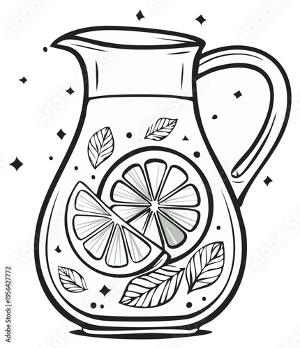 Pitcher of refreshing citrus lemonade beverage with sliced oranges and mint leaves in an outlined vector art style illustration