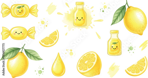 Vector Illustration Cute Cartoon Limoncello and Lemon Sweets Elements Set