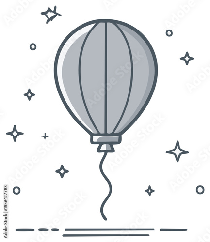 Festive hot air balloon with sparkling celebration stars and celebratory string
