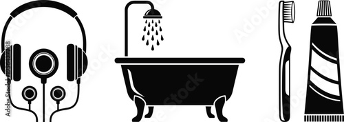 Black and white vector illustration featuring headphones, earphones, clawfoot bathtub with shower, toothbrush and toothpaste tube, lifestyle personal care routine design
