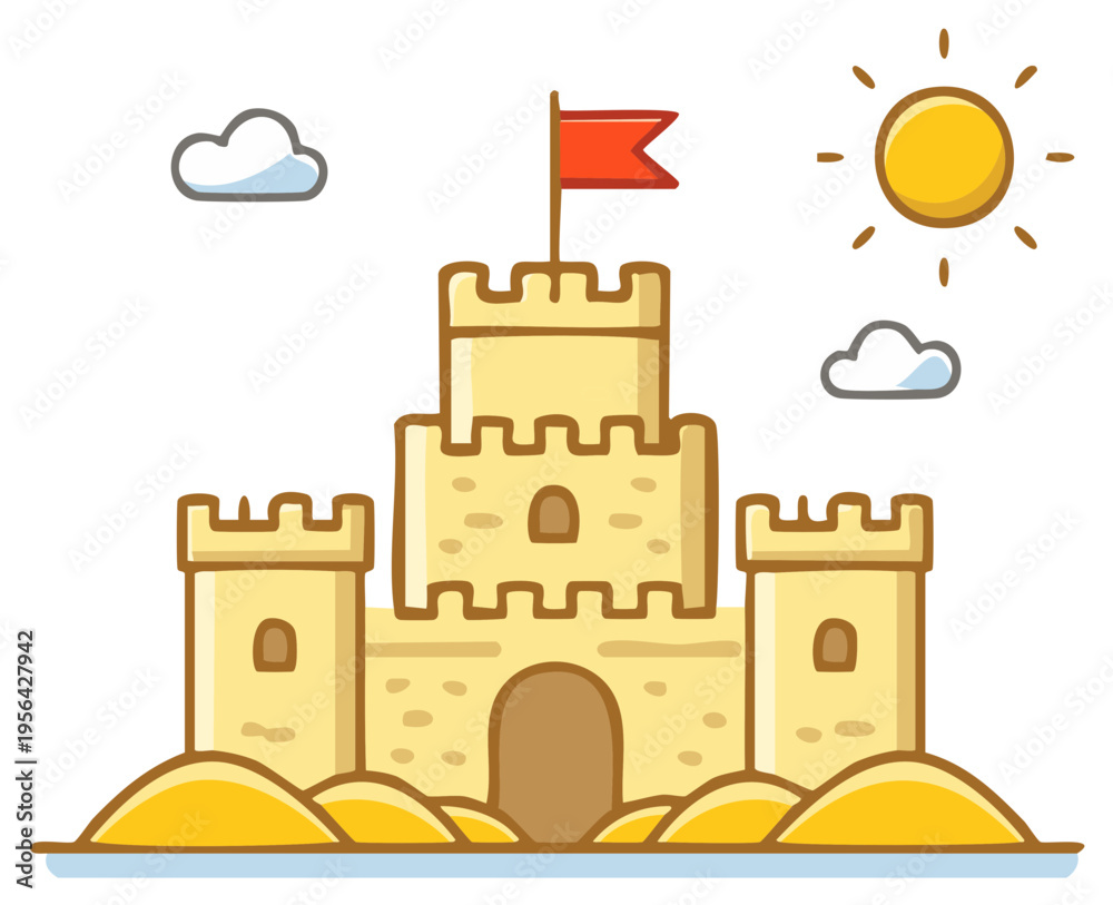 Naklejka premium Cartoon sandcastle on a sunny beach with a red flag, sun, and clouds illustration for summer vacation themes