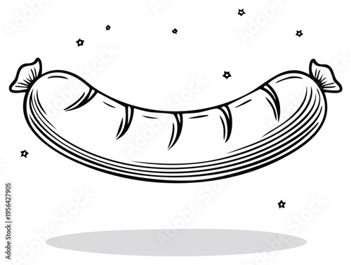 Grilled sausage illustration, sausage drawing with stars, cooked meat product vector clip art, frankfurter monochrome sketch with shadow