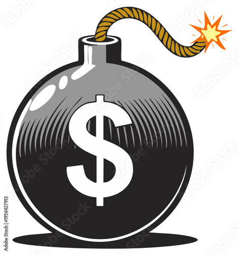 Cartoon bomb with dollar symbol and lit fuse, financial concept