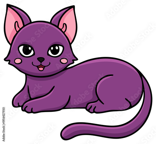 Playful cartoon purple cat with pink ears and cheeks resting and looking forward