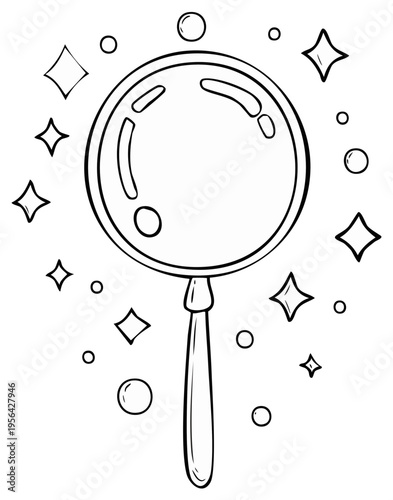 Cartoon Magnifying Glass Coloring Page with Sparkles and Bubbles