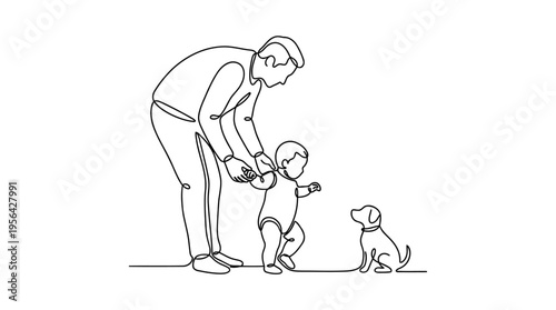 Dad Teaching Baby to Walk with Dog Watching Continuous Single Line Minimalist Family Moment Line Art Illustration