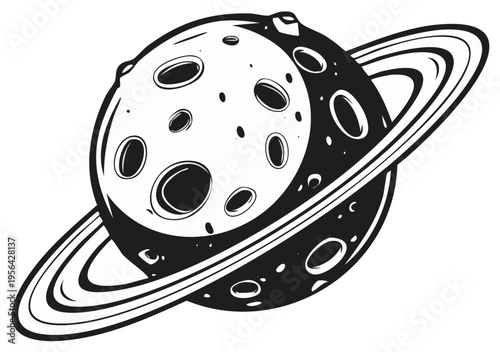 Black and white cartoon planet with rings and craters in space