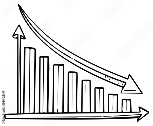 Hand Drawn Bar Graph with Decreasing Arrow, Business Decline Illustration