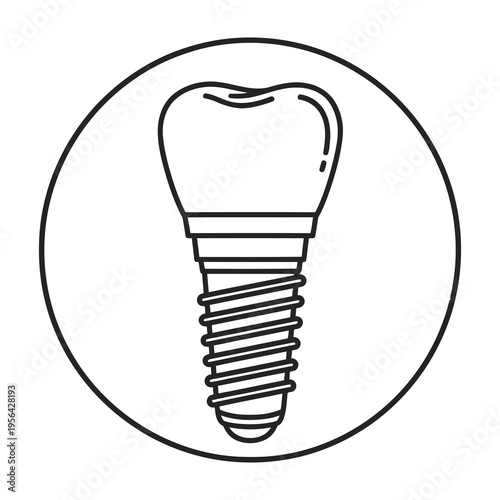 Dental implant illustration in circle outline on white background