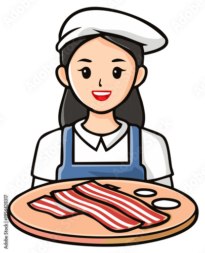 Cartoon female chef with a tray of bacon and eggs representing breakfast concept in a cheerful illustrated style