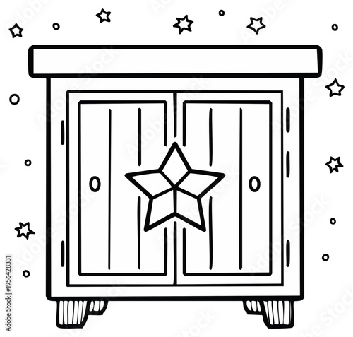 Magical cabinet with star decoration and sparkles line art for coloring page