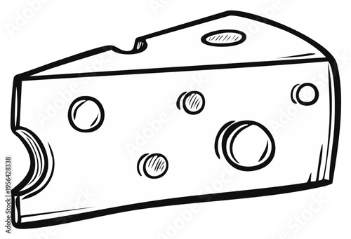 Hand drawn black and white illustration of a wedge of Swiss cheese with holes