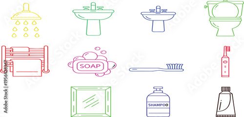 Colorful bathroom icon collection featuring shower, sink, toilet, towel rack, soap, toothbrush, electric toothbrush, mirror, shampoo bottle, toothpaste tube design