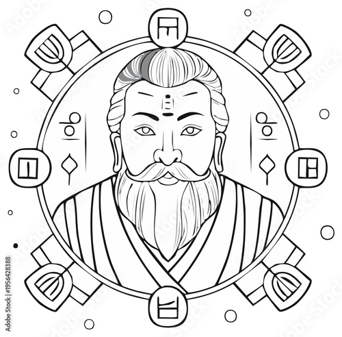 Ancient East Asian Sage Portrait with Ornate Circular Frame and Symbolic Elements