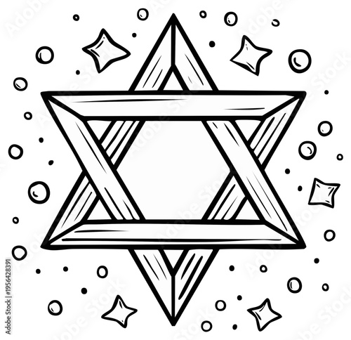 Drawn Star of David symbol with decorative stars and circles representing a celebration or holiday