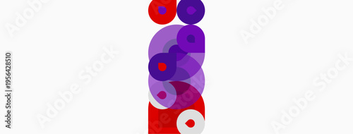 Abstract composition featuring overlapping circles. Purple, red hues dominate white background. Minimalist design, geometric shapes present.