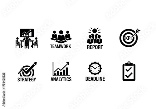 Collection of business workflow icons depicting teamwork, strategy, and productivity on a plain white background with a professional and organized mood.
