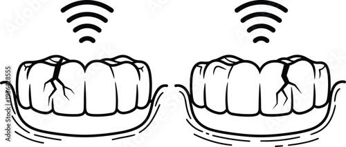 Cracked teeth vibration icon, dental pain concept, broken tooth illustration, oral health problem, sensitivity signal waves, enamel damage, black line vector
