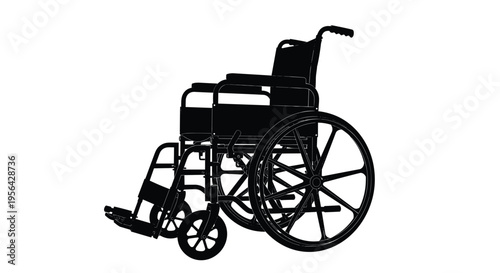 Wheelchair silhouette vector, disabled mobility aid, medical equipment illustration, patient transport chair, healthcare accessibility concept, black isolated design, rehabilitation support device